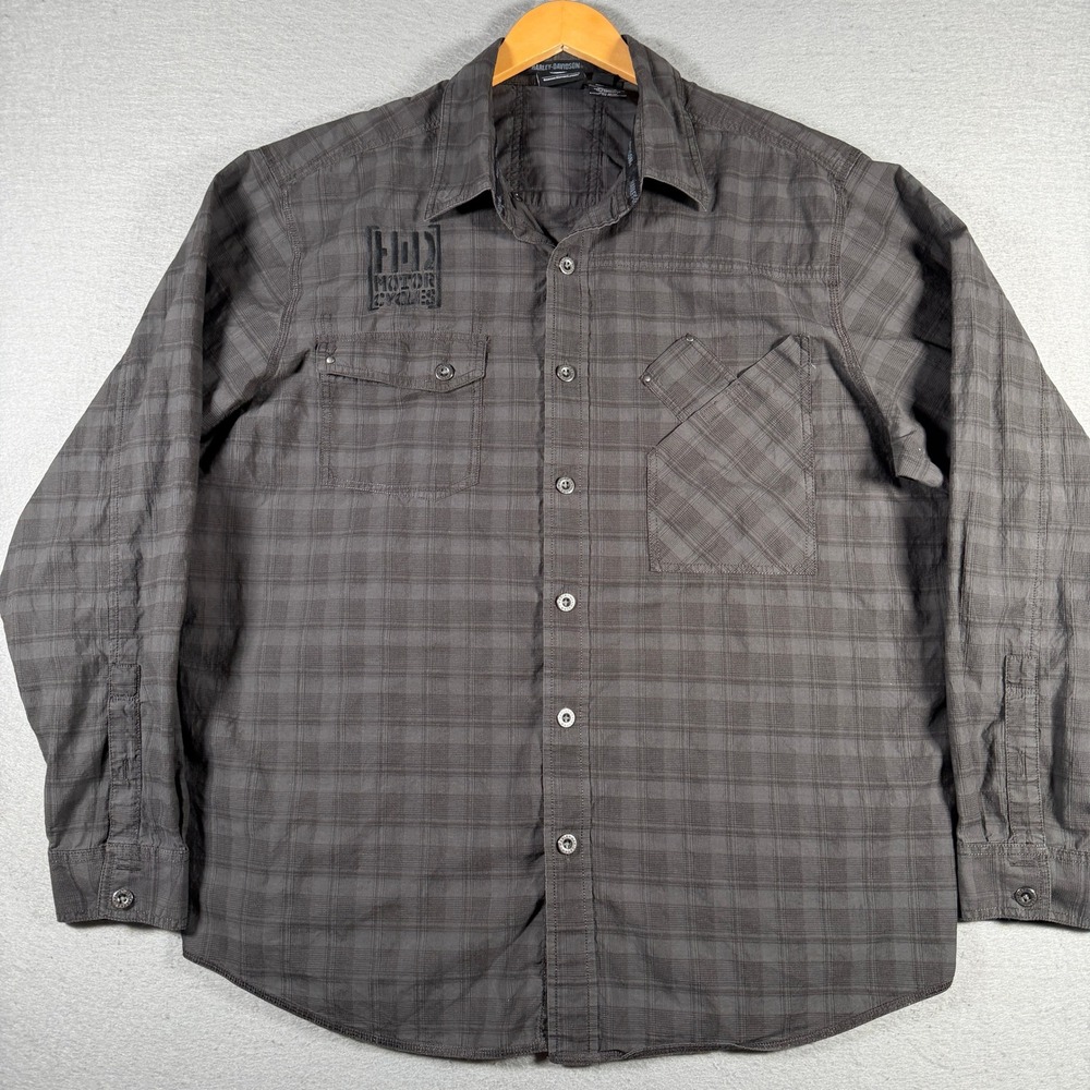 Harley Davidson Mens 2XL Charcoal Gray Tonal Plaid Embroidered Button Down Shirt
